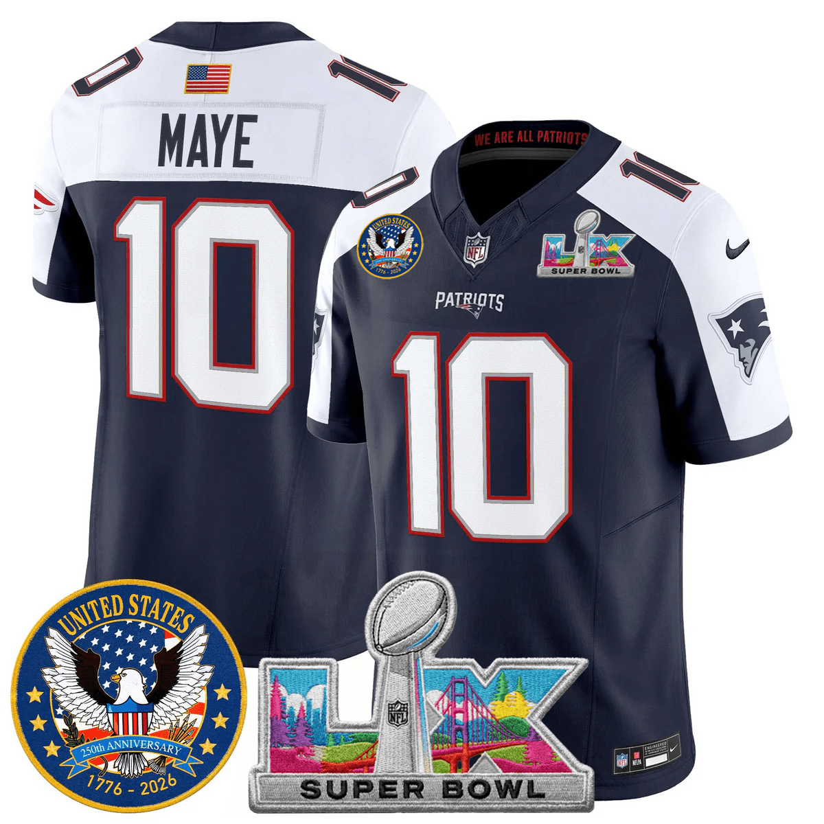 Men's NE Patriots 2026 Jersey - United States 250th Anniversary + Super Bowl LX Patch