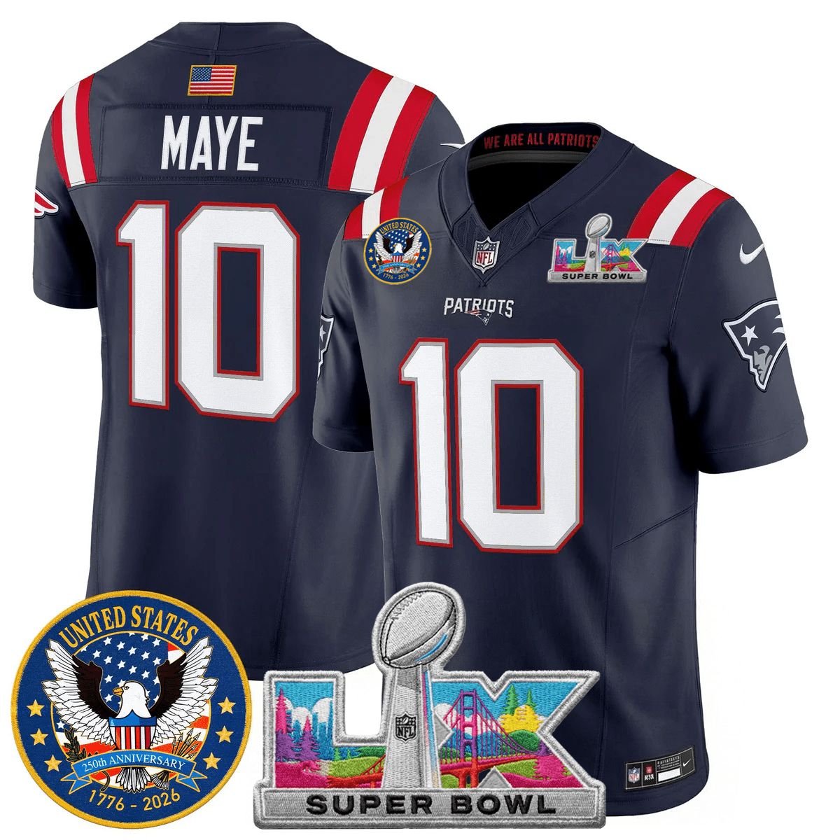 Men's NE Patriots 2026 Jersey - United States 250th Anniversary + Super Bowl LX Patch