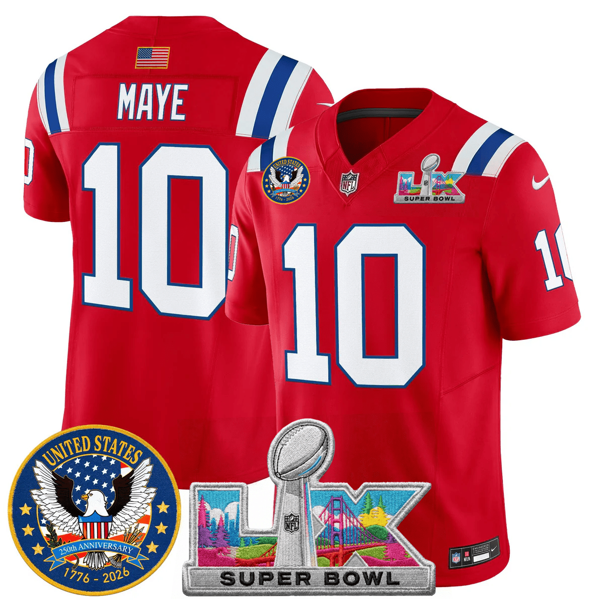 Men's NE Patriots 2026 Jersey - United States 250th Anniversary + Super Bowl LX Patch