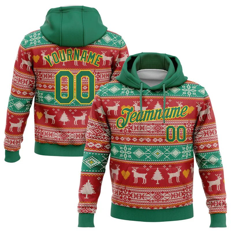 Custom Stitched Red Kelly Green - Gold 3D Christmas Reindeers Sports Pullover Sweatshirt Hoodie - GloryGearUS