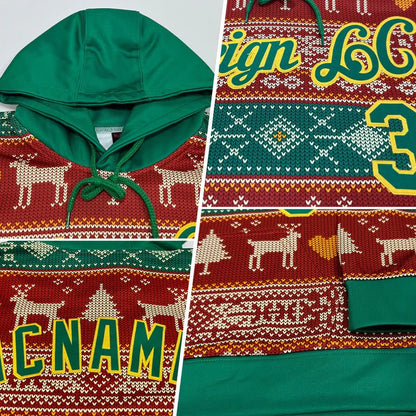 Custom Stitched Red Kelly Green - Gold 3D Christmas Reindeers Sports Pullover Sweatshirt Hoodie - GloryGearUS